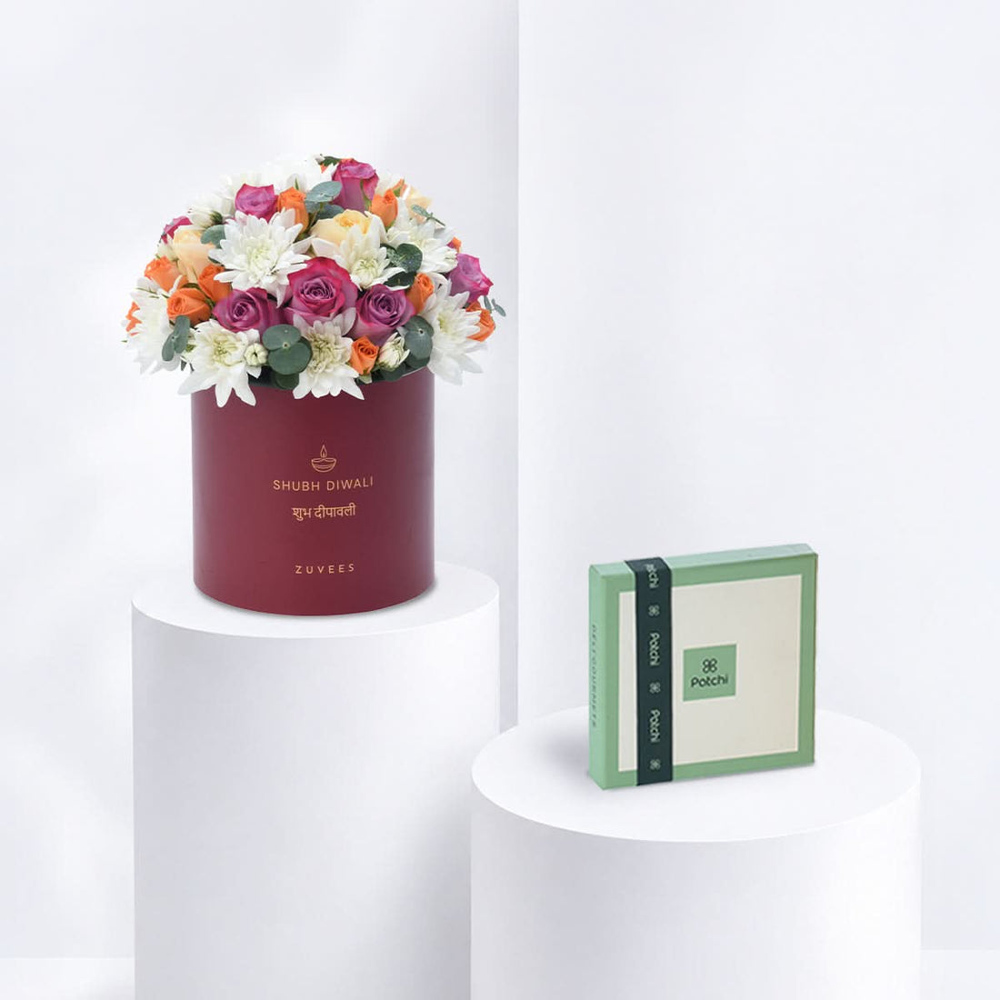 Diwali Purple Rose &amp; Chrysanthemum Red Box Chocolate Combo - Diwali Gifts