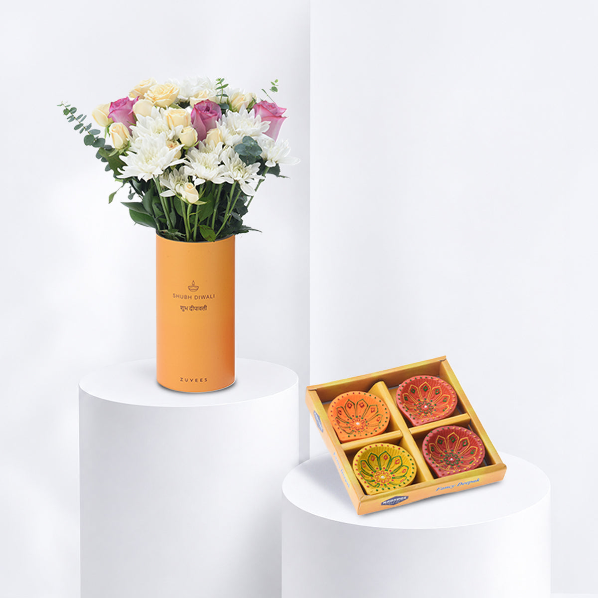Diwali Purple Rose &amp; Chrysanthemum Vase Diya Set Combo