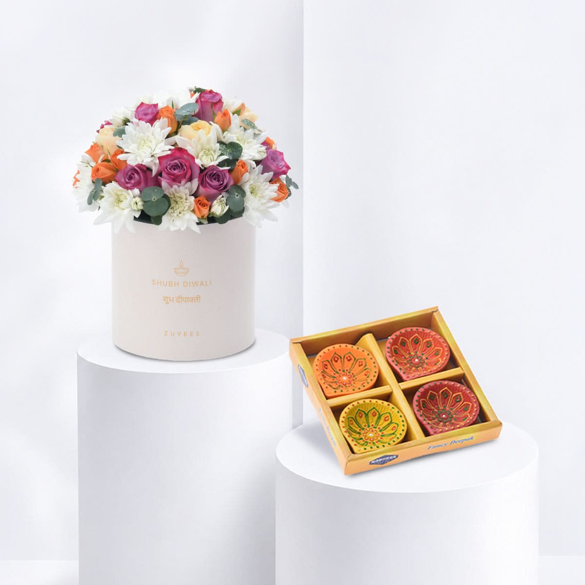 Diwali Purple Rose &amp; Chrysanthemum Box Diya Set Combo