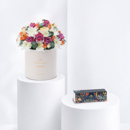 Diwali Purple Rose &amp; Chrysanthemum White Box Sweets Combo - Diwali Gifts