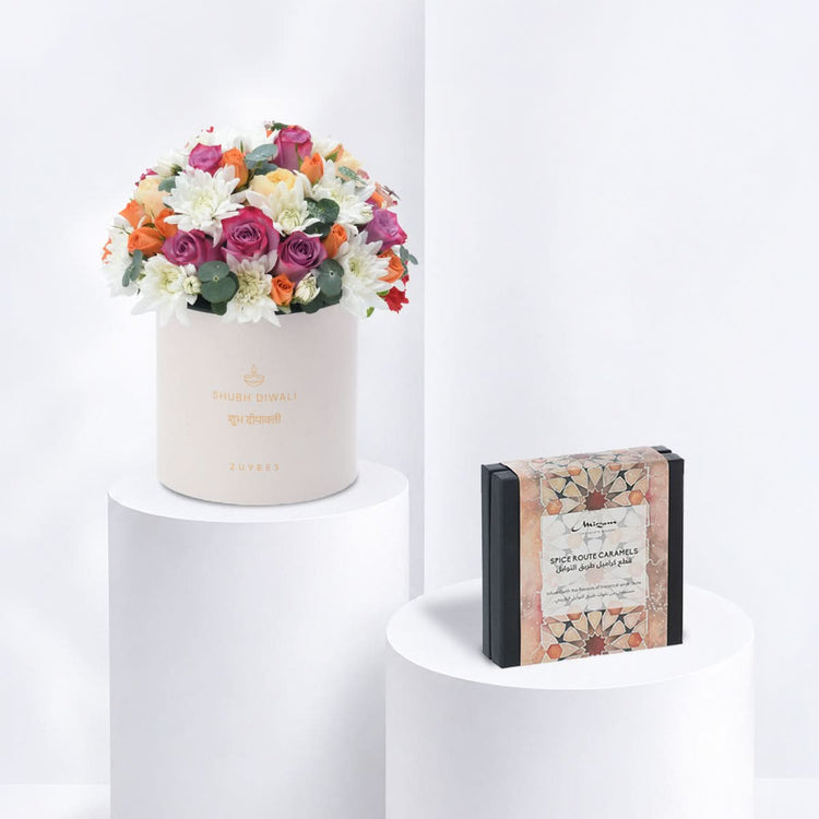Diwali Purple Rose &amp; Chrysanthemum White Box Chocolate Combo - Diwali Gifts