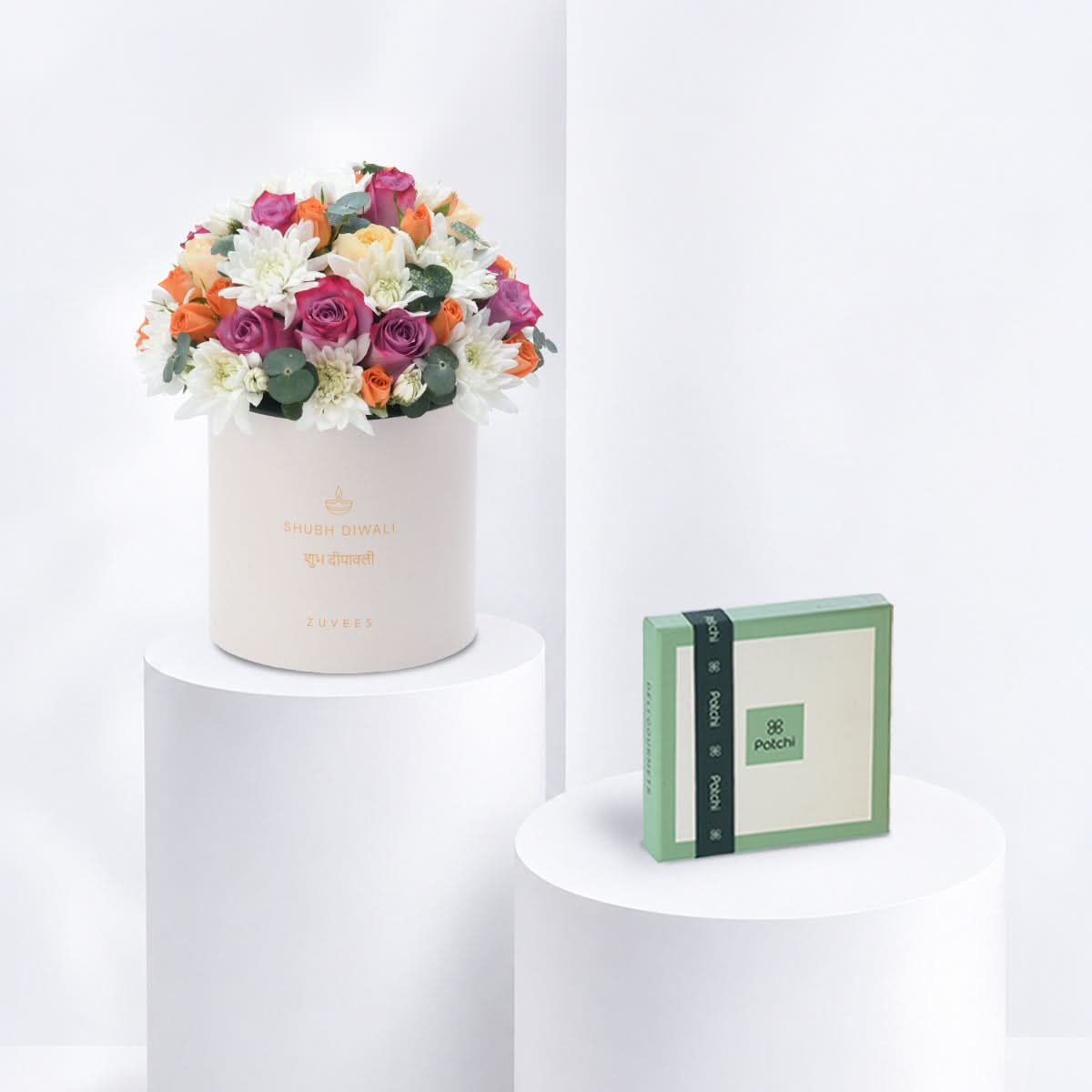 Diwali Purple Rose &amp; Chrysanthemum White Box Chocolate Combo - Diwali Gifts