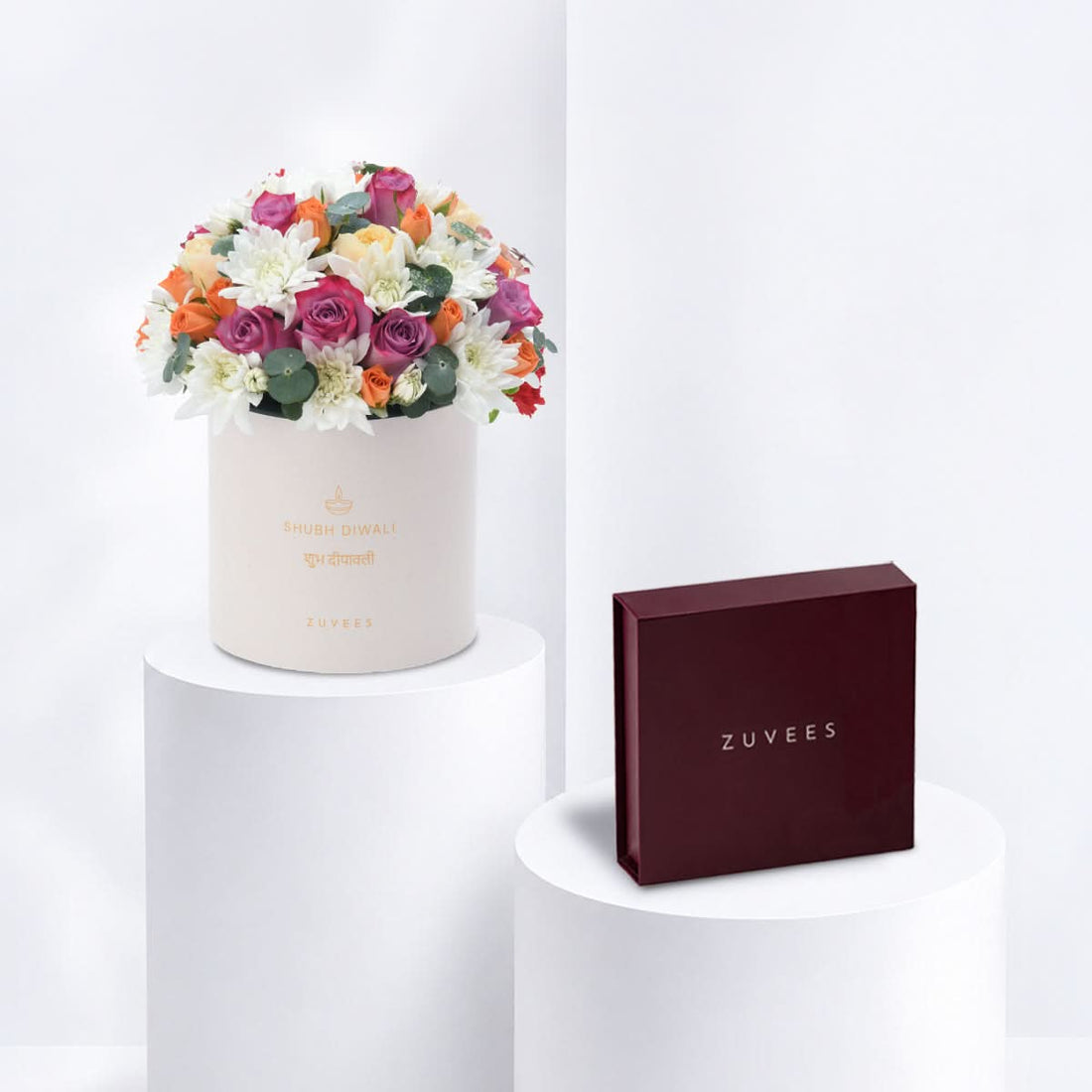 Diwali Purple Rose &amp; Chrysanthemum White Box Chocolate Combo - Diwali Gifts