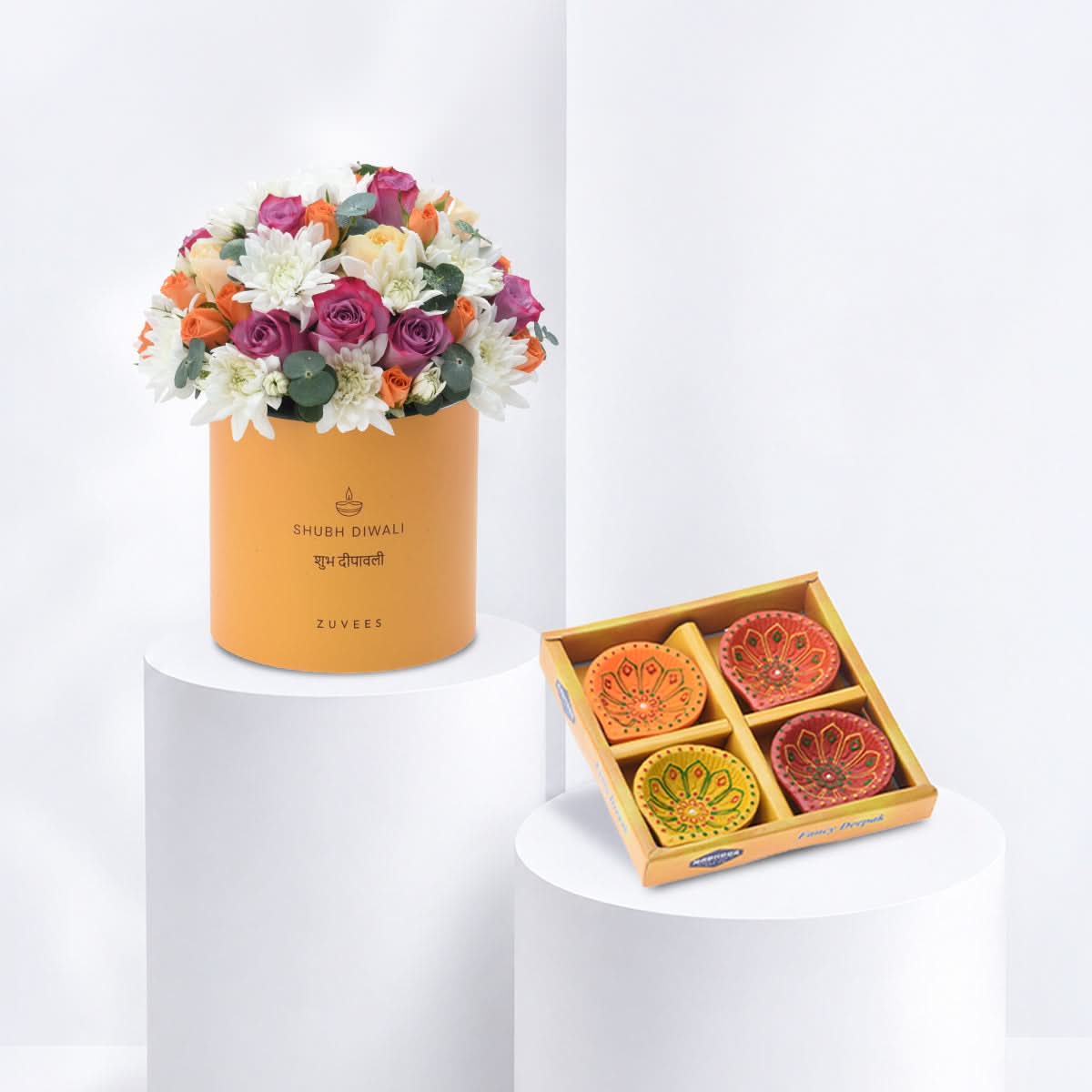Diwali Purple Rose &amp; Chrysanthemum Box Diya Set Combo