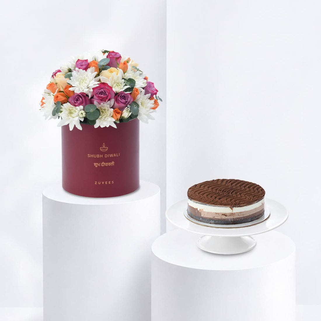 Diwali Purple Rose &amp; White Chrysanthemum Box Cake Combo - Diwali Gifts