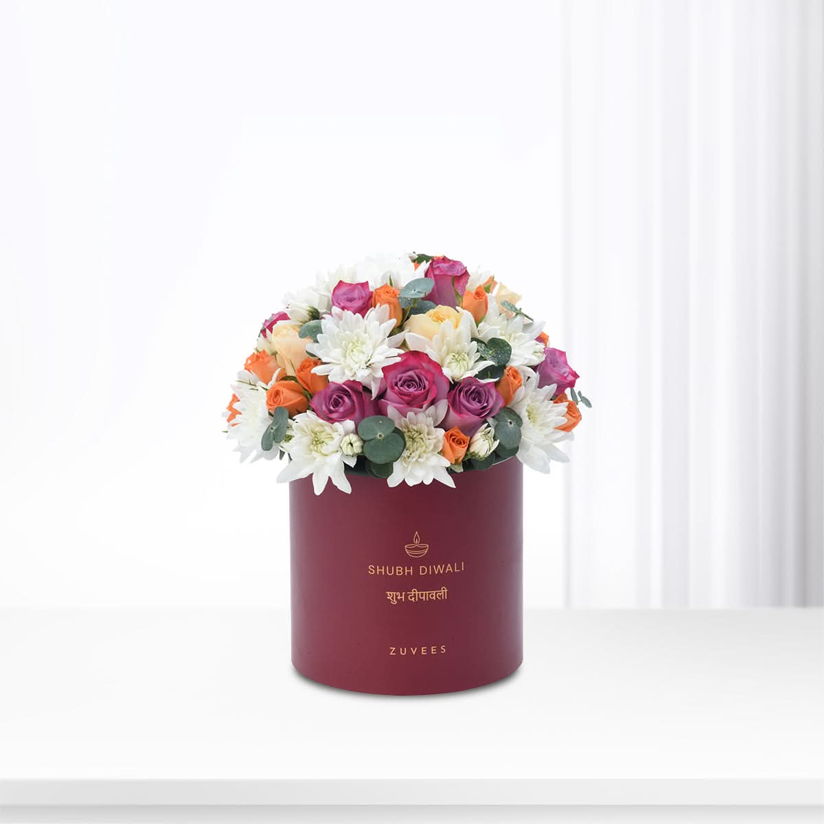 Diwali Purple Rose &amp; White Chrysanthemum Box - Diwali Gifts