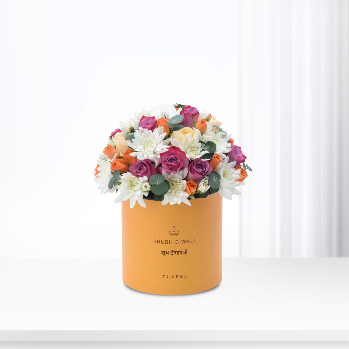Diwali Purple Rose &amp; White Chrysanthemum Box - Diwali Gifts