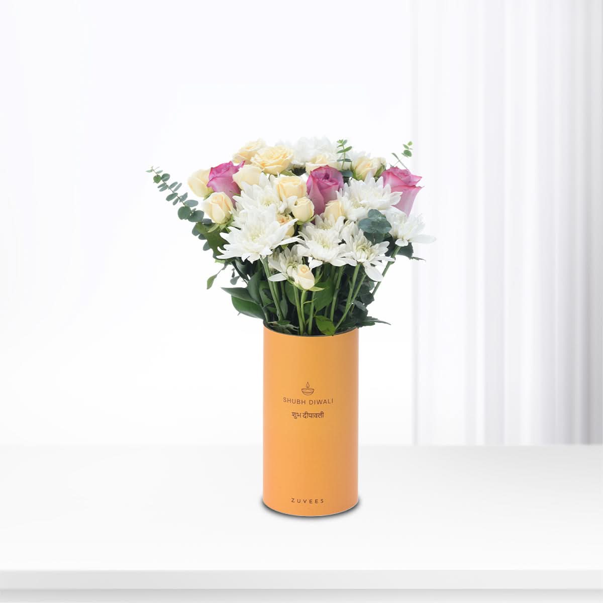 Diwali Purple Rose &amp; White Chrysanthemum Flower Vase