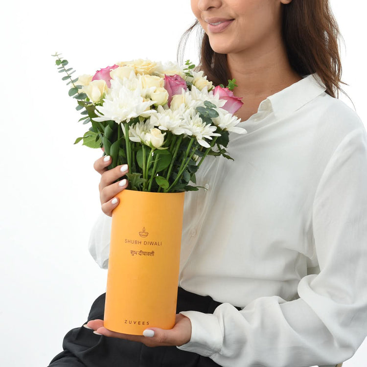 Diwali Purple Rose &amp; White Chrysanthemum Flower Vase