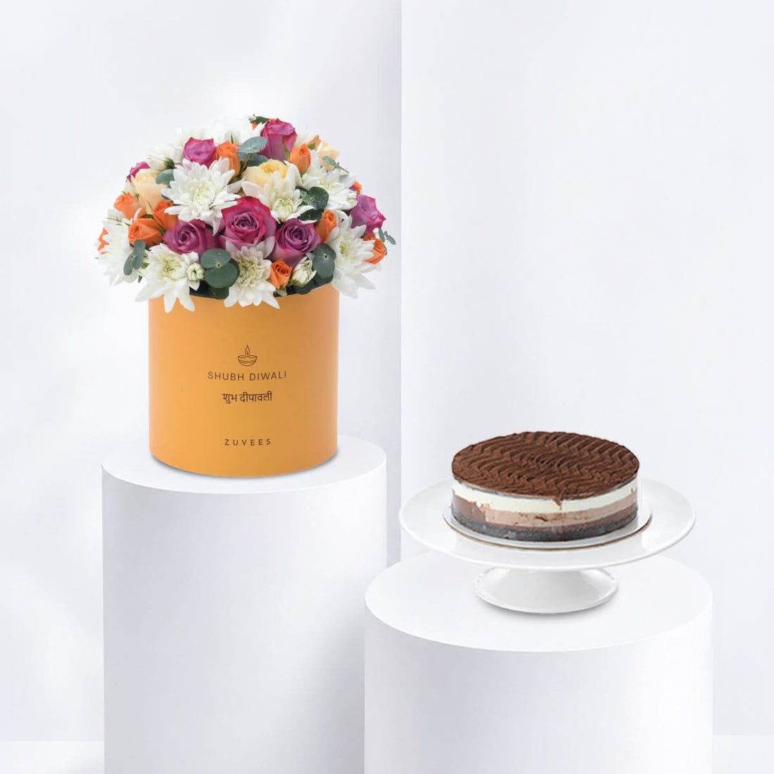 Diwali Purple Rose &amp; White Chrysanthemum Box Cake Combo - Diwali Gifts