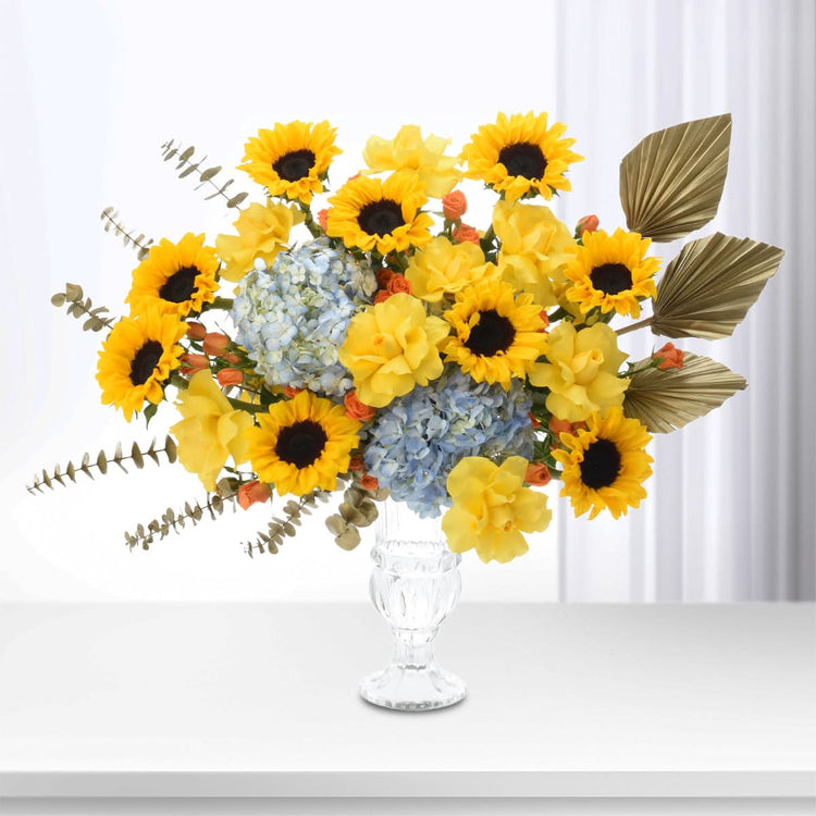 Diwali Radiance Sunflower &amp; Hydrangea Arrangement - Diwali Gifts