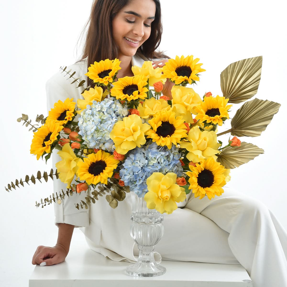 Diwali Radiance Sunflower &amp; Hydrangea Arrangement - Diwali Gifts
