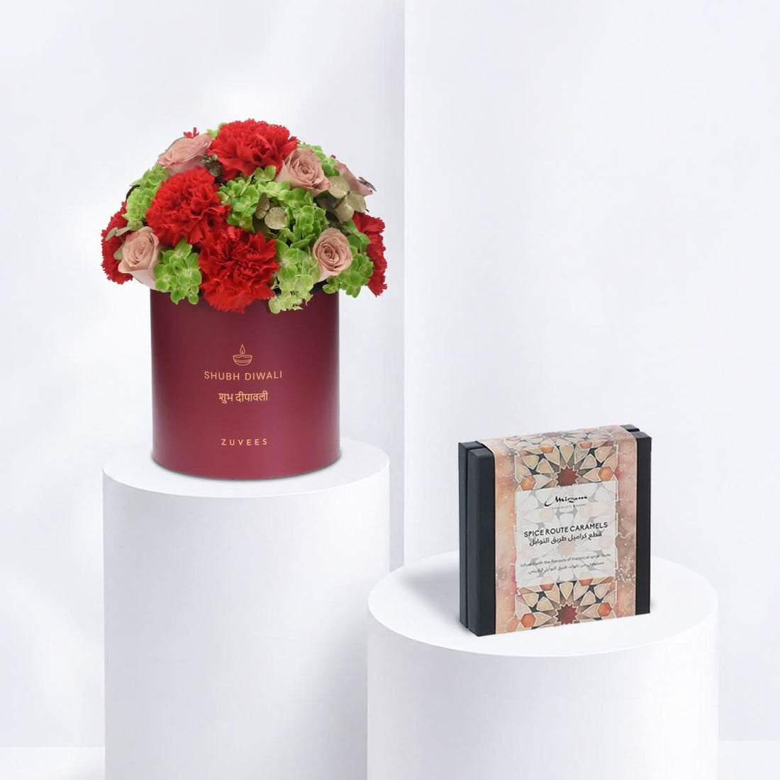 Diwali Rose &amp; Orange Carnation Red Box Chocolate Combo - Zuvees.ae