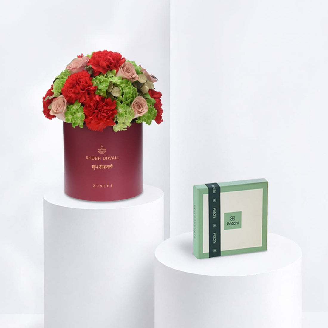 Diwali Rose &amp; Orange Carnation Red Box Chocolate Combo - Zuvees.ae