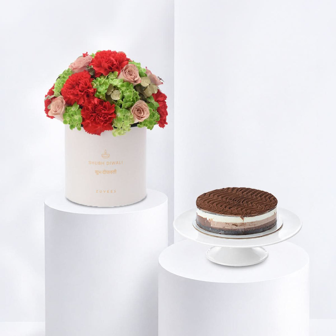 Diwali Rose &amp; Orange Carnation White Box Cake Combo - Zuvees.ae