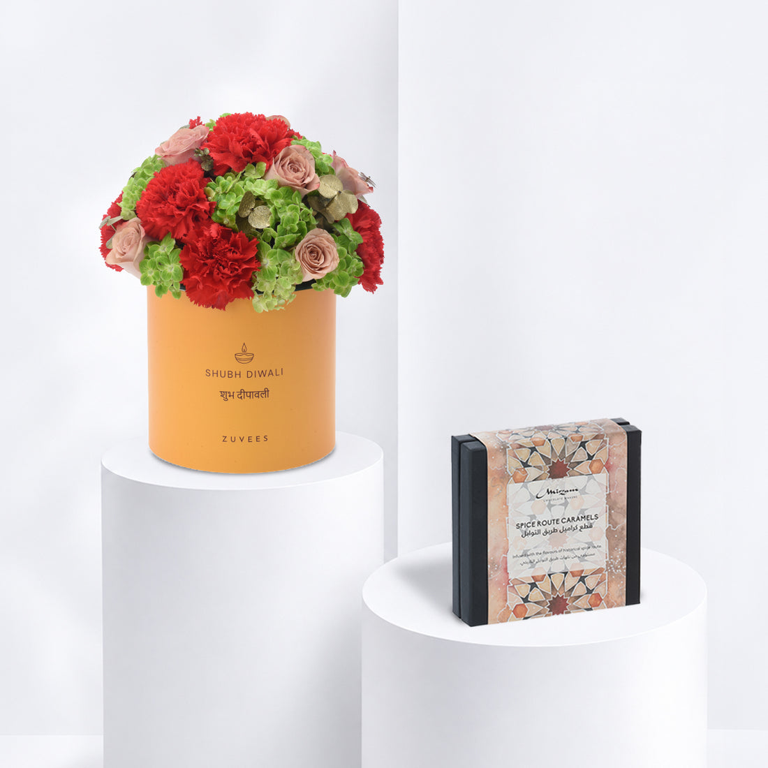 Diwali Rose &amp; Orange Carnation Yellow Box Chocolate Combo - Zuvees.ae