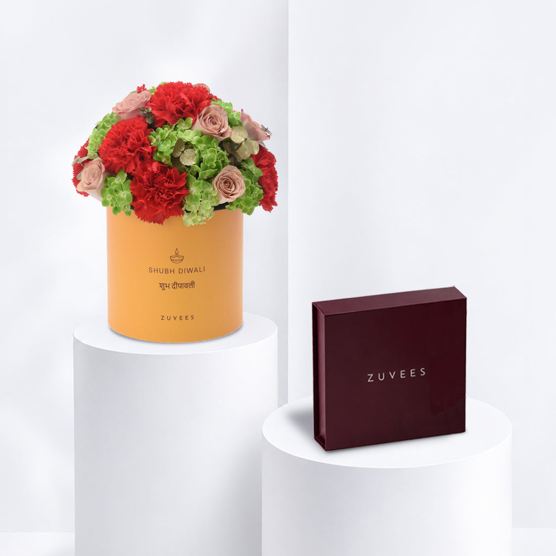 Diwali Rose &amp; Orange Carnation Yellow Box Chocolate Combo - Zuvees.ae
