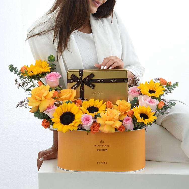 Diwali Sunflower Gift Box with Bateel Dates Biscuits - Diwali Gifts
