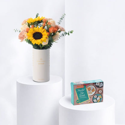 Diwali Sunflower &amp; Peach Flower Vase Sweets Combo - Diwali Gifts