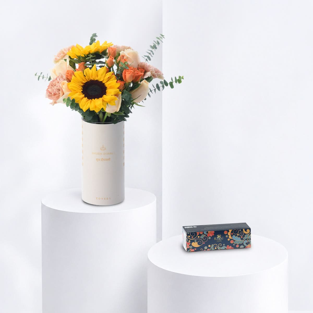 Diwali Sunflower &amp; Peach Flower Vase Sweets Combo - Diwali Gifts