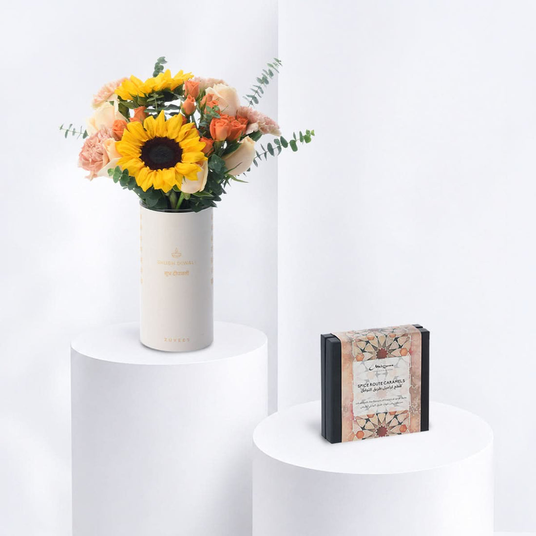 Diwali Sunflower &amp; Peach Flower Vase Chocolate Combo - Diwali Gifts