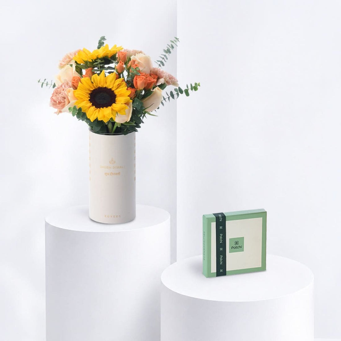 Diwali Sunflower &amp; Peach Flower Vase Chocolate Combo - Diwali Gifts