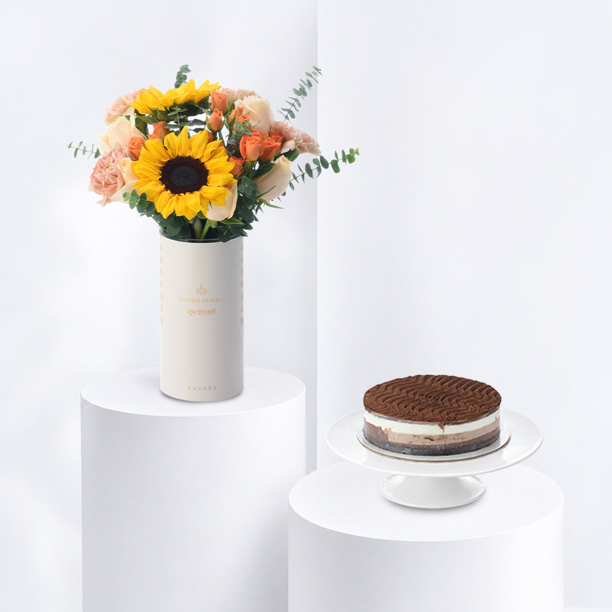 Diwali Sunflower &amp; Peach Rose Flower Vase Cake Combo - Diwali Gifts