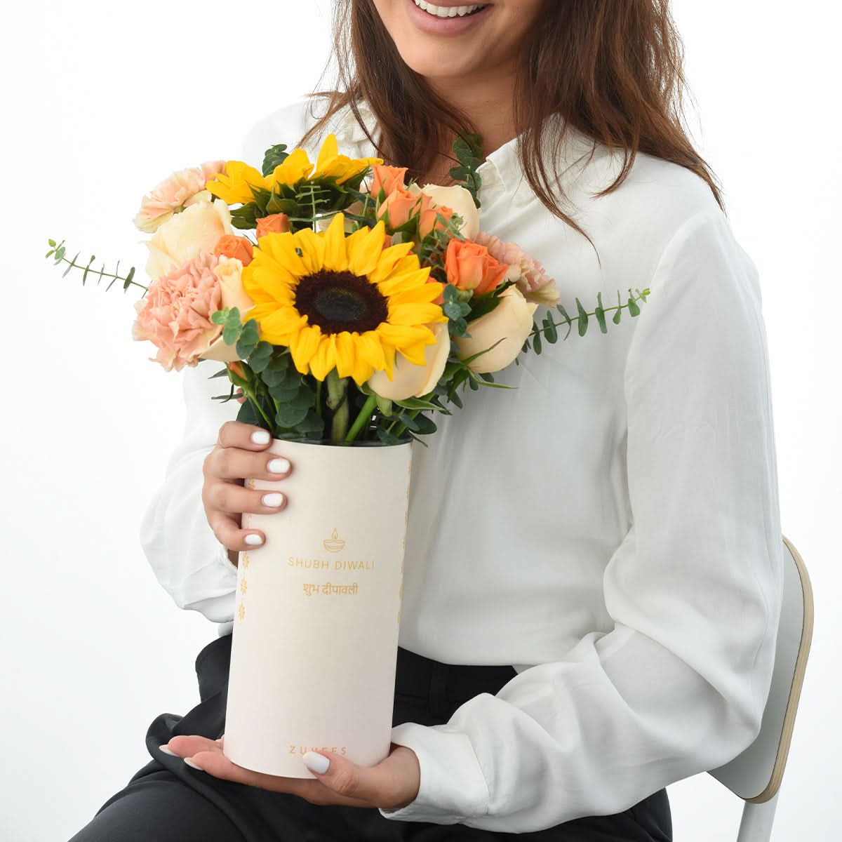 Diwali Sunflower &amp; Peach Rose Flower Vase - Diwali Gifts