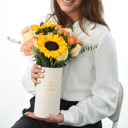 Diwali Sunflower &amp; Peach Rose Flower Vase - Diwali Gifts
