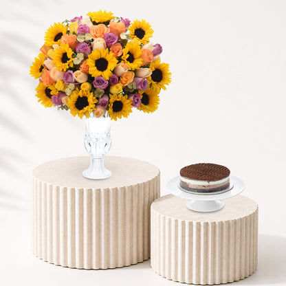 Diwali Sunflower &amp; Roses Vase Arrangement Cake Combo - Diwali Gifts