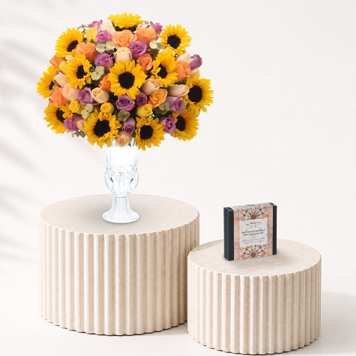 Diwali Sunflower &amp; Roses Vase Arrangement Chocolate Combo - Diwali Gifts