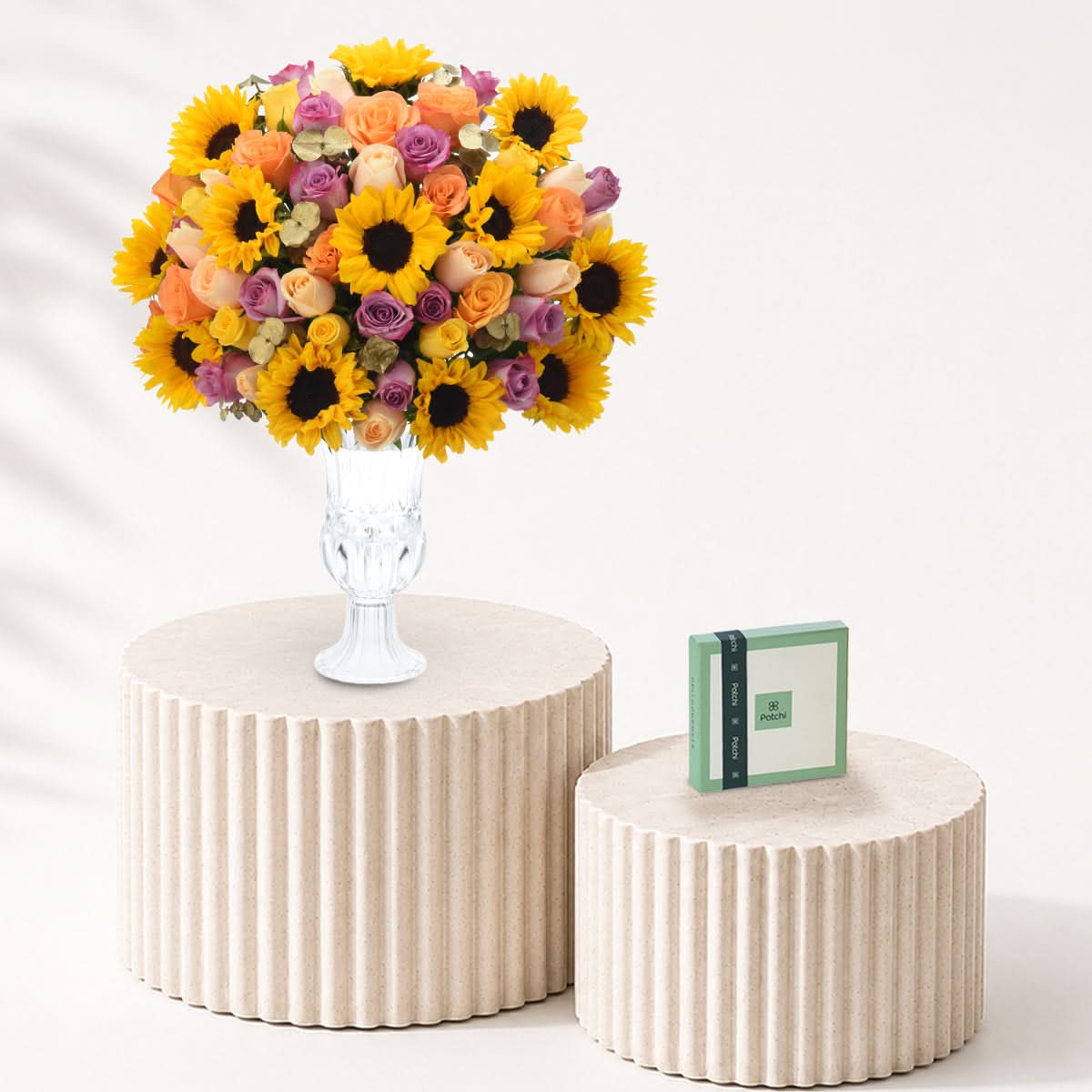 Diwali Sunflower &amp; Roses Vase Arrangement Chocolate Combo - Diwali Gifts