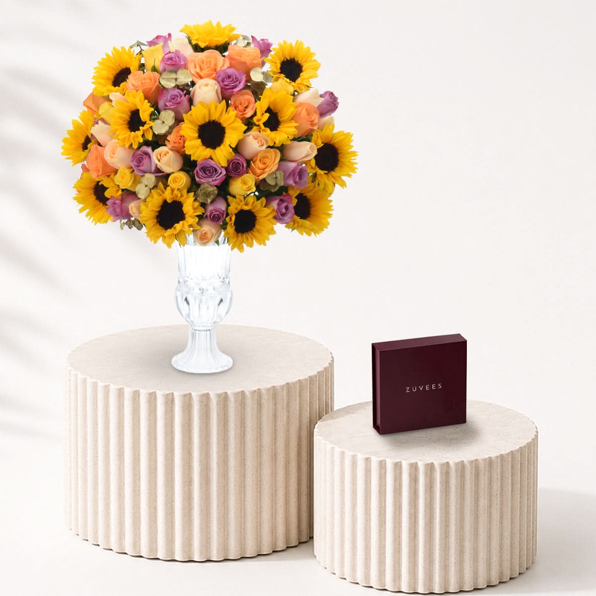 Diwali Sunflower &amp; Roses Vase Arrangement Chocolate Combo - Diwali Gifts