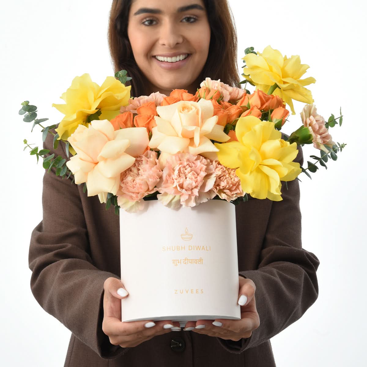 Diwali Yellow Rose & Peach Bloom Box - Diwali Gifts