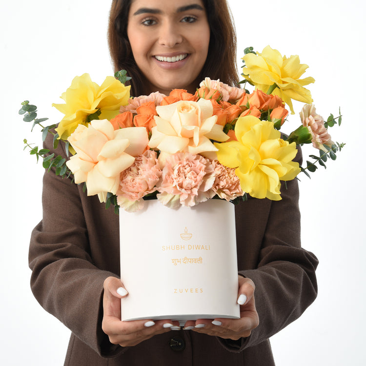 Diwali Yellow Rose &amp; Peach Bloom Box - Diwali Gifts