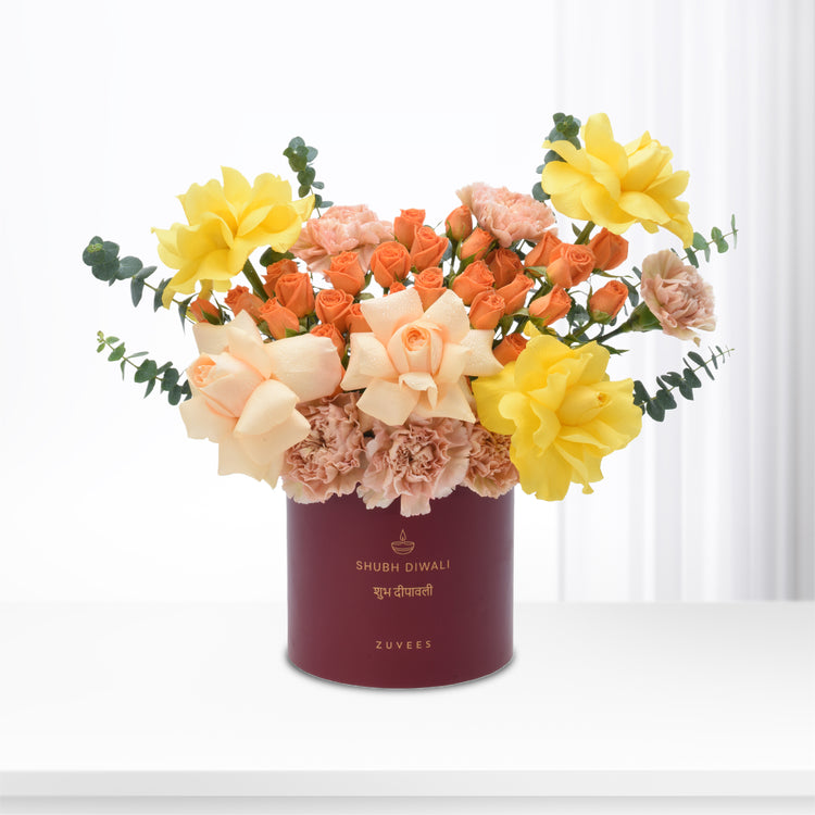 Diwali Yellow Rose &amp; Peach Bloom Box - Diwali Gifts
