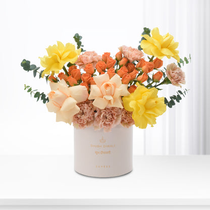 Diwali Yellow Rose &amp; Peach Bloom Box - Diwali Gifts