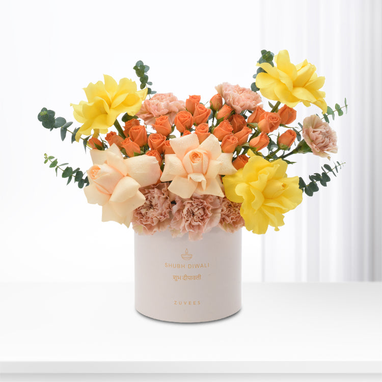 Diwali Yellow Rose &amp; Peach Bloom Box - Diwali Gifts
