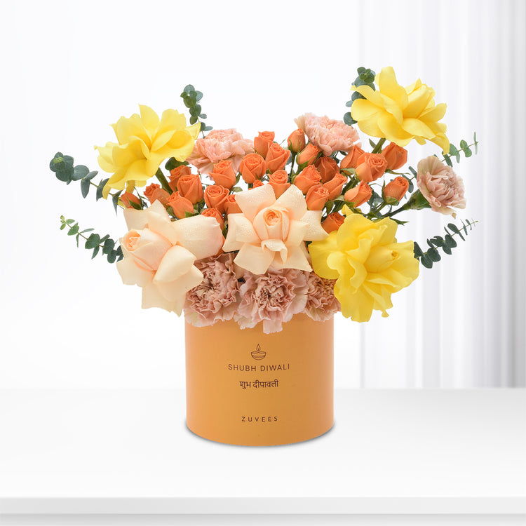 Diwali Yellow Rose &amp; Peach Bloom Box - Diwali Gifts