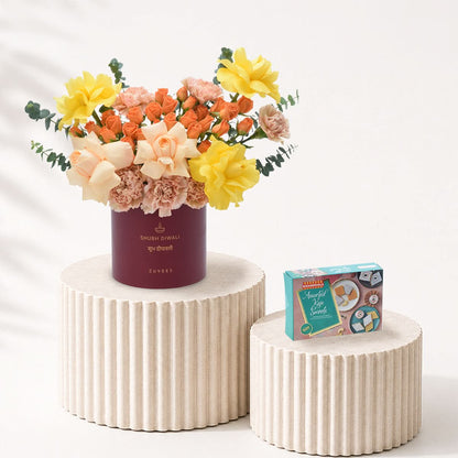 Diwali Yellow Rose &amp; Peach Bloom Red Box Sweets Combo - Diwali Gifts