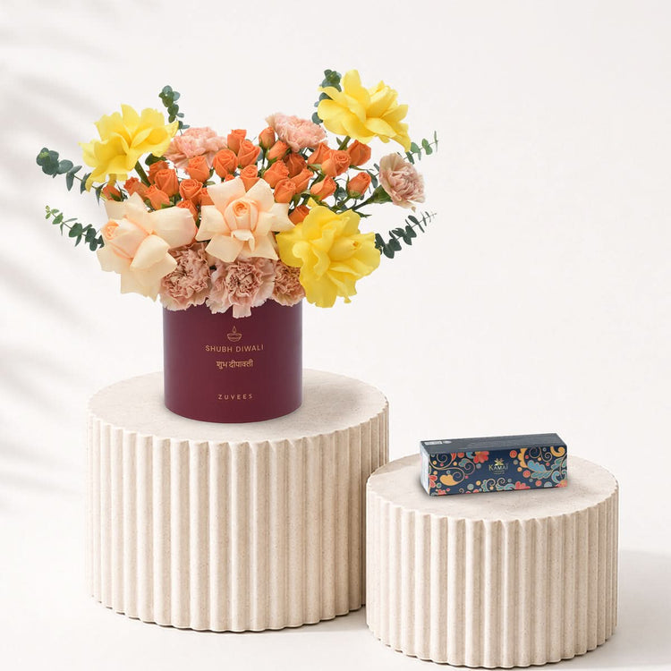 Diwali Yellow Rose &amp; Peach Bloom Red Box Sweets Combo - Diwali Gifts