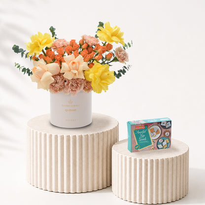Diwali Yellow Rose &amp; Peach Bloom White Box Sweets Combo