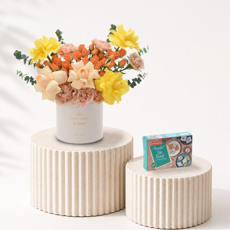 Diwali Yellow Rose &amp; Peach Bloom White Box Sweets Combo