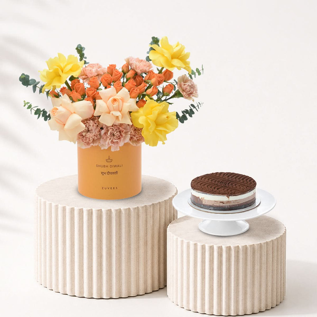 Diwali Yellow Rose &amp; Peach Bloom Box Cake Combo - Diwali Gifts
