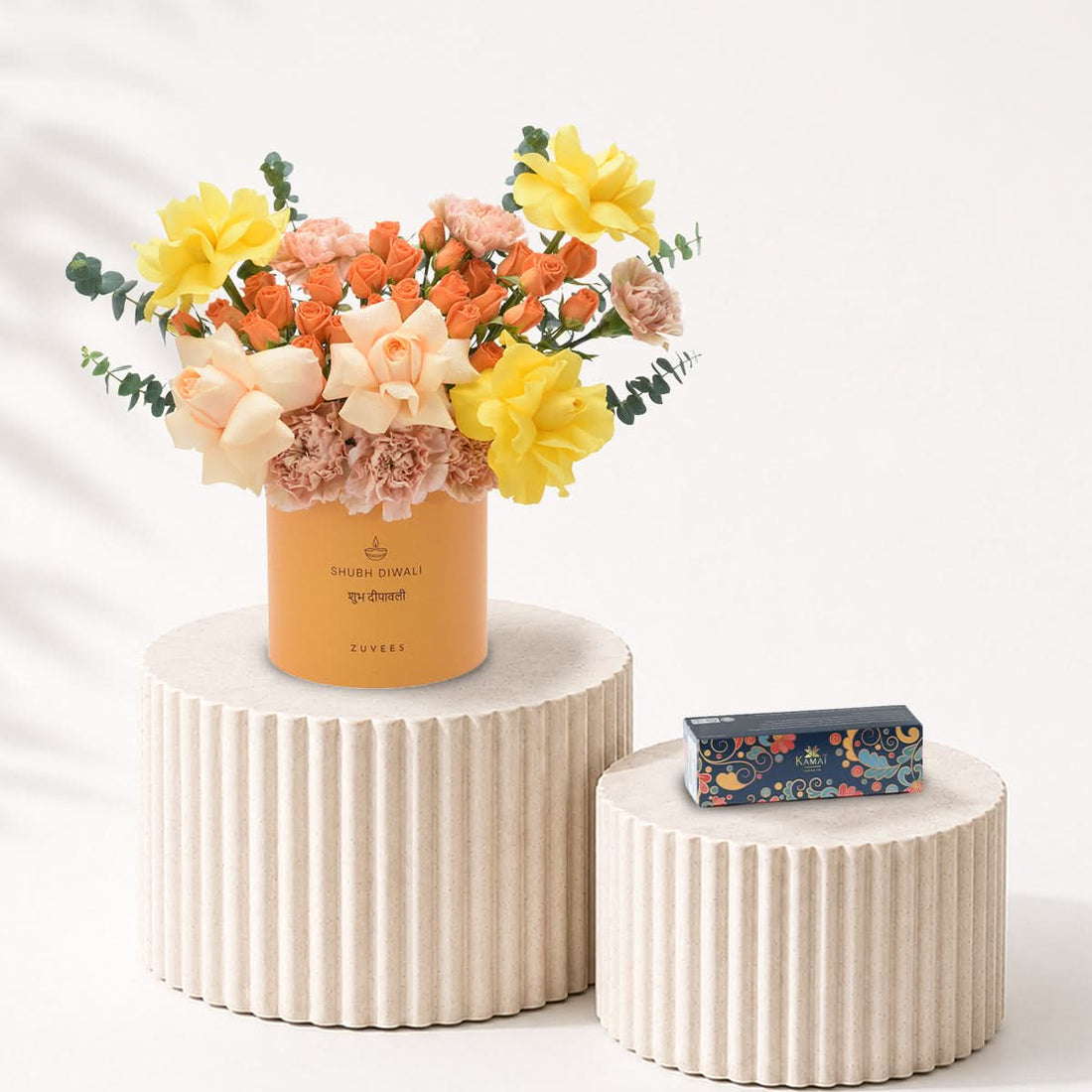 Diwali Yellow Rose &amp; Peach Bloom Yellow Box Sweets Combo - Diwali Gifts