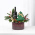 Festive gift basket with non-alcoholic red wine, green pine, gold ornaments, berries, and "HO HO HOPE" branding.