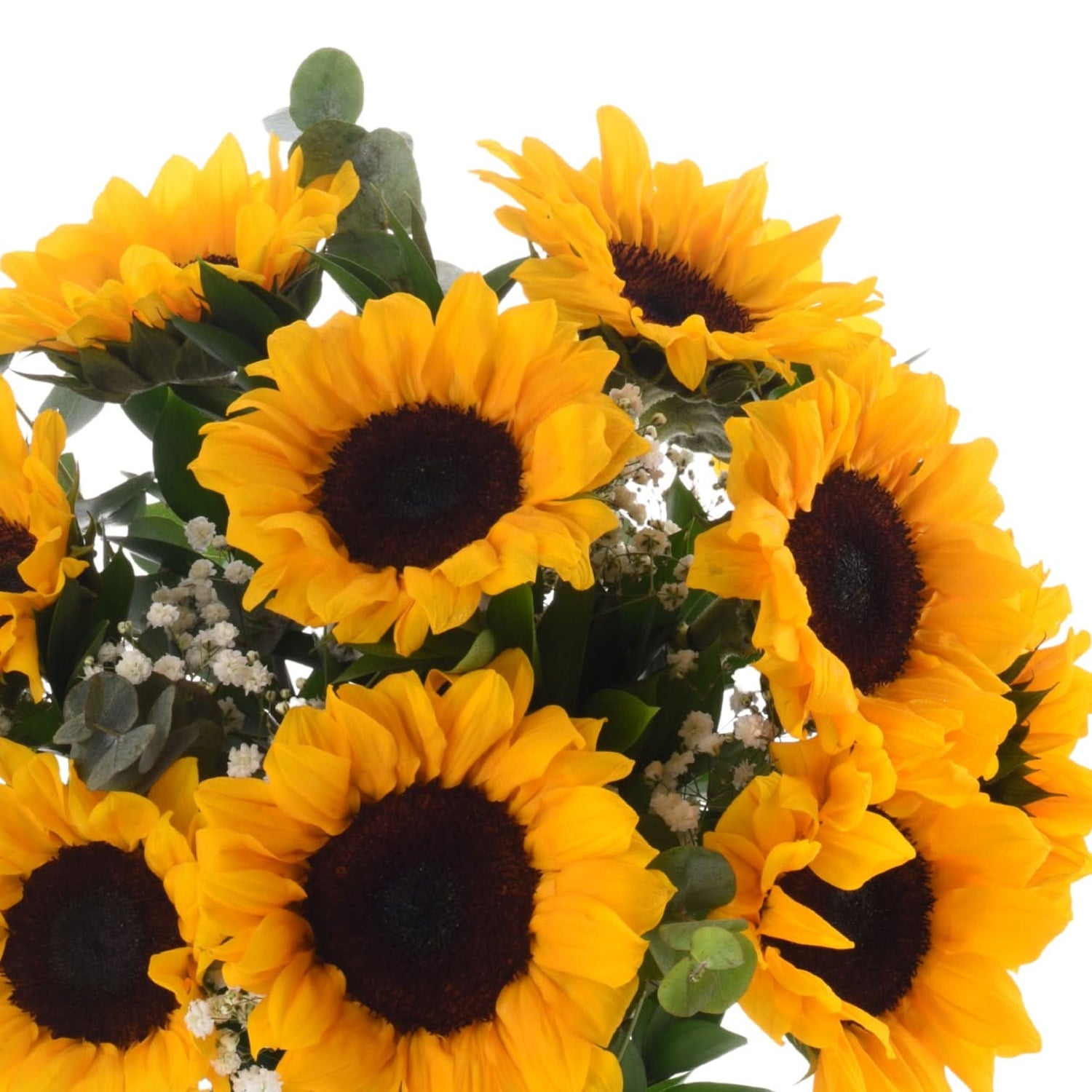 Vibrant yellow sunflowers with dark centers, accented by green eucalyptus and white baby’s breath.