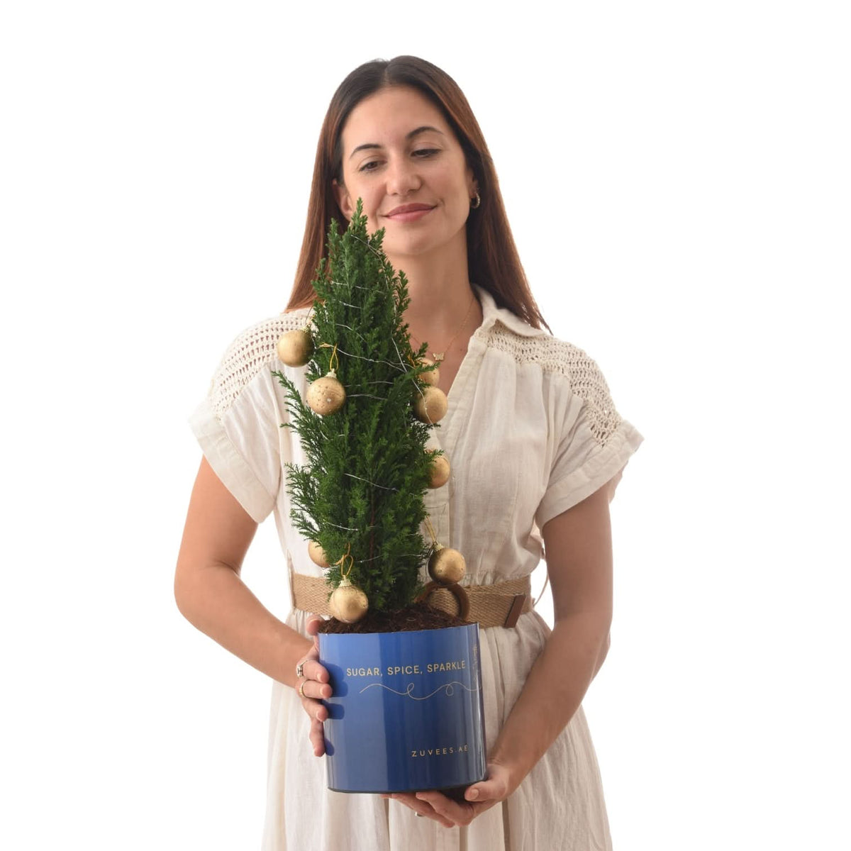 Woman holds festive blue pot with decorated mini tree.
