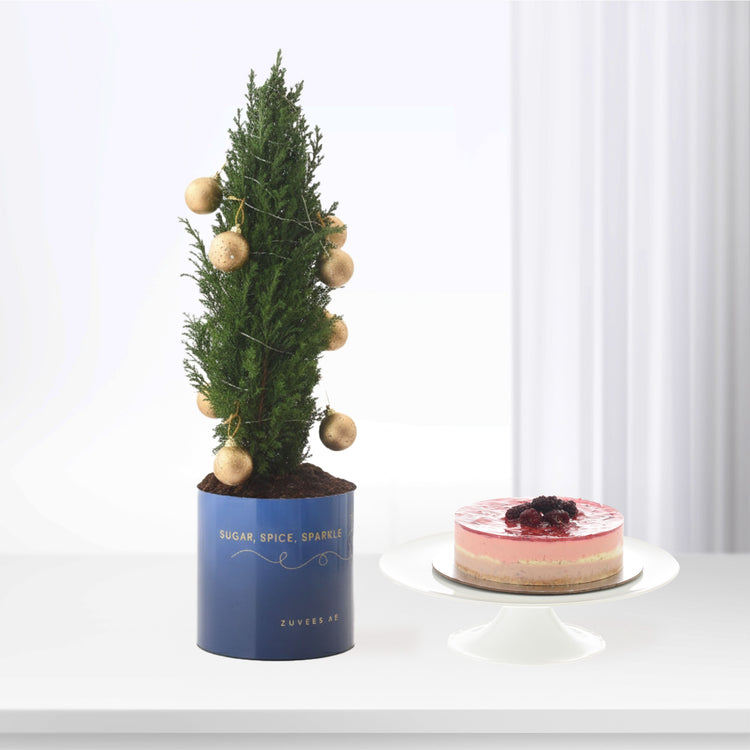 Blue potted mini tree with gold ornaments beside pink layered cake on white stand.