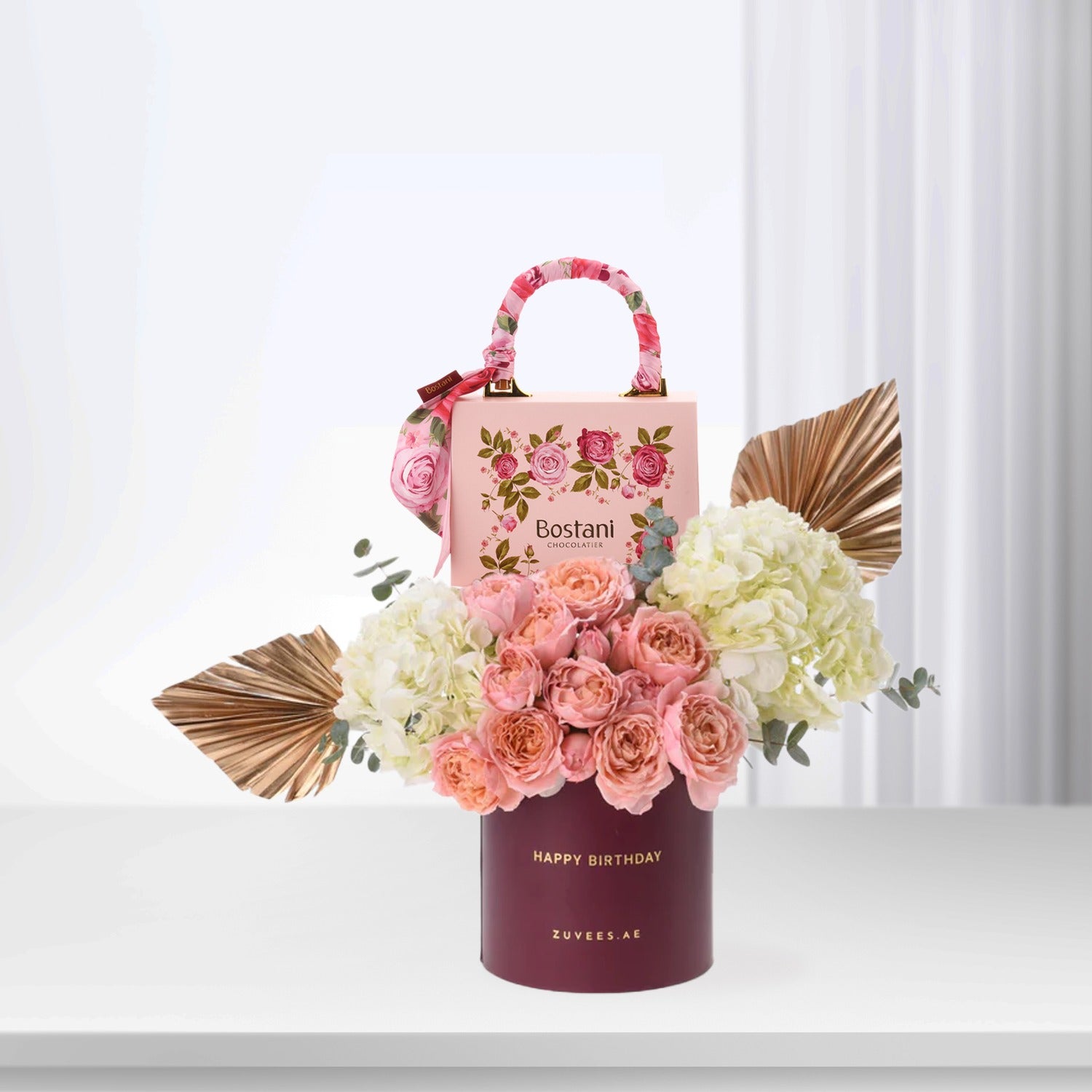 Golden Peach – Birthday Bloom Box with Chocolate Combo - Zuvees.ae